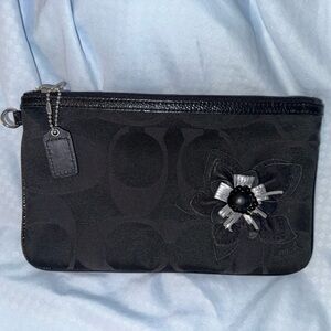 Coach Black Signature Canvas Wristlet with Floral Appliqué